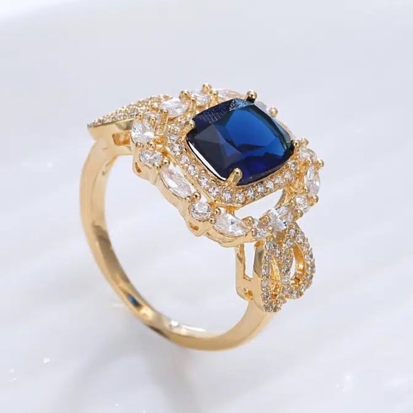 Katherine's Collection Jewelry - Elegant Navy Blue Sapphire White Zircon Square 18 K Yellow Gold Ring Size 8.5